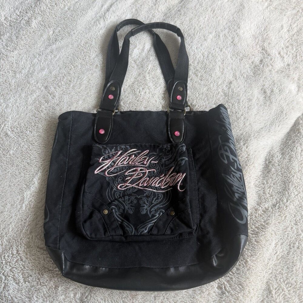 Harley Davidson Y2K Tote Handbag Black Leather Accent Pink Logo Biker Motorcycle